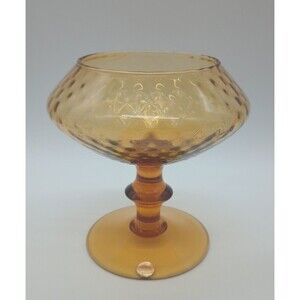 Empoli Amber Optic Compote Dish MCM Autumn Harvest Gold Italy Hand Blown